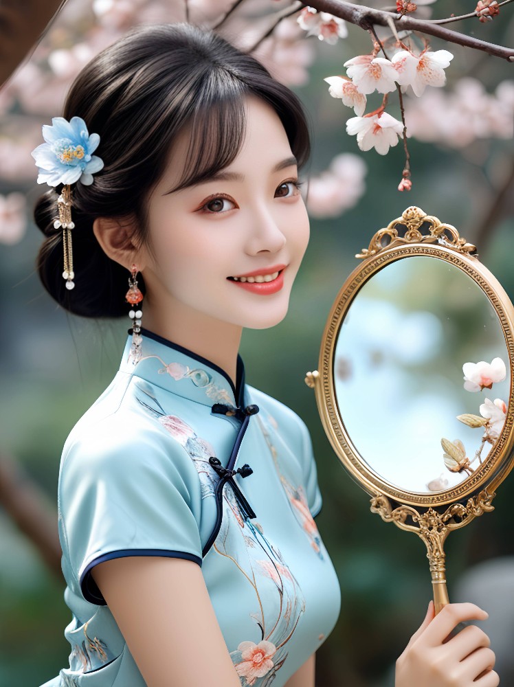 近景下的青花旗袍美人