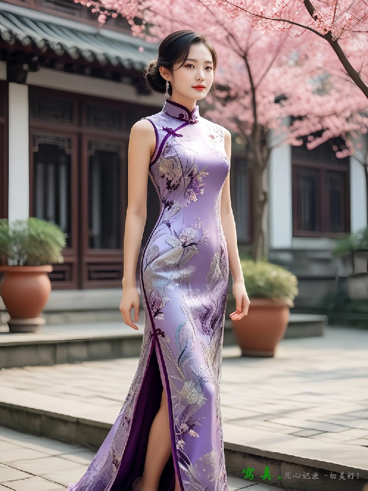 穿越时光的紫色韵味：旗袍美人的复古风情
