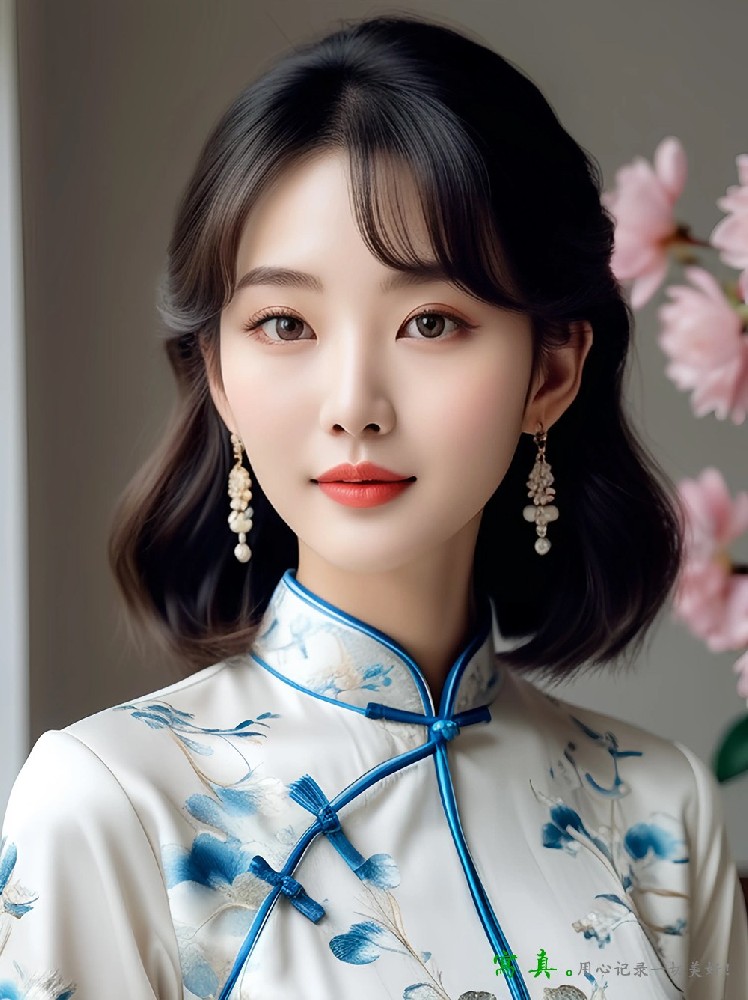 近景下的青花旗袍美人